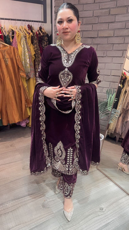 Tehseen wine Designer velvet Suit