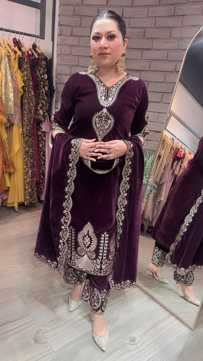 Tehseen wine Designer velvet Suit