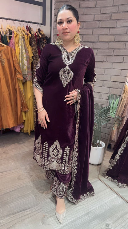 Tehseen wine Designer velvet Suit
