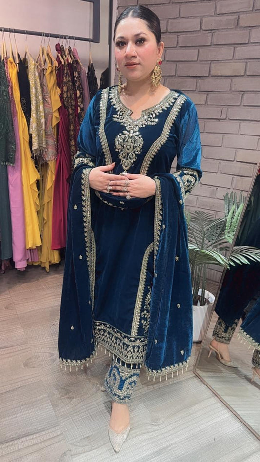 Shabad Teal Green Designer velvet Suit