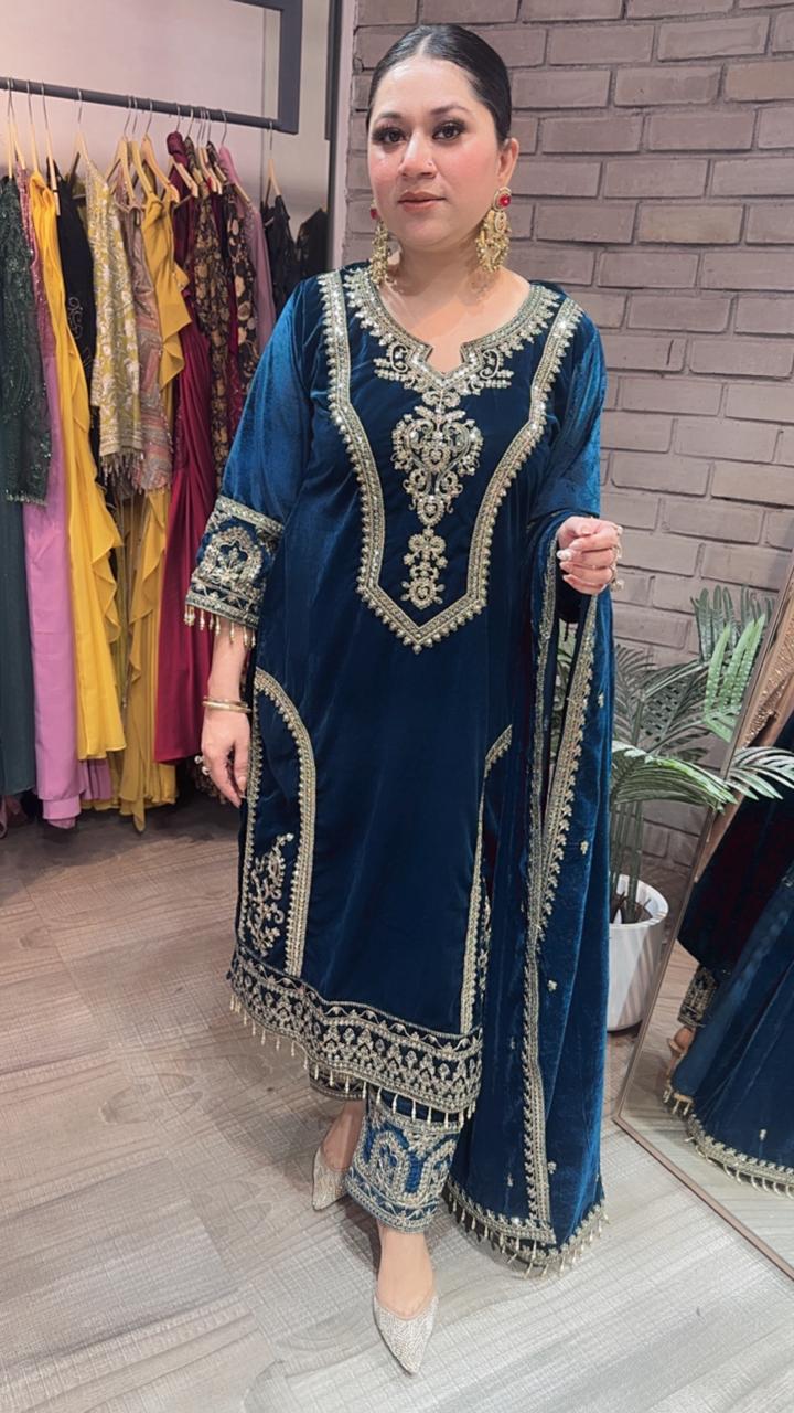 Shabad Teal Green Designer velvet Suit