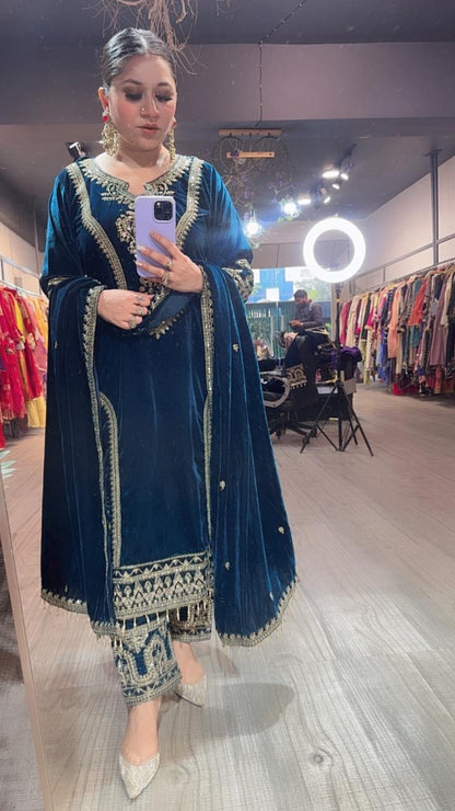 Shabad Teal Green Designer velvet Suit