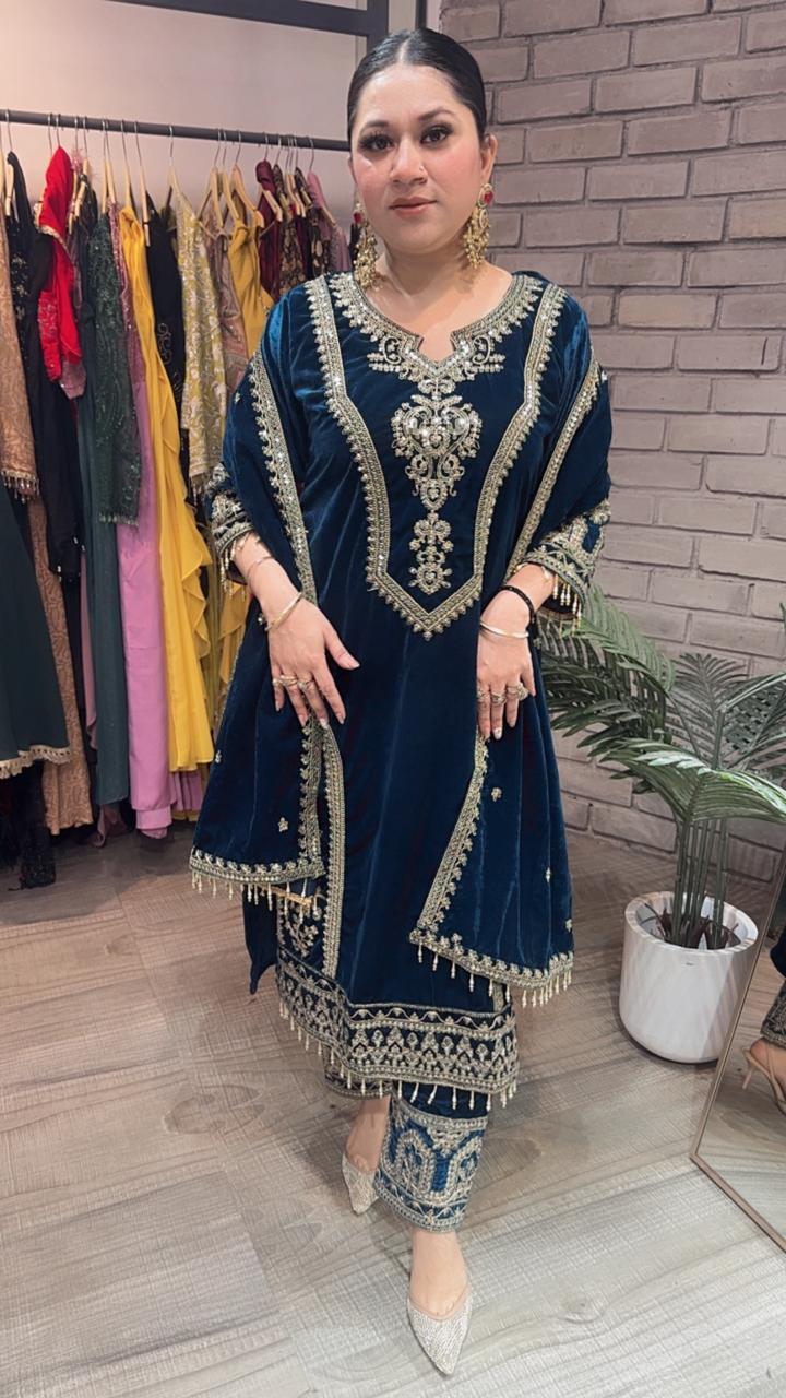 Shabad Teal Green Designer velvet Suit