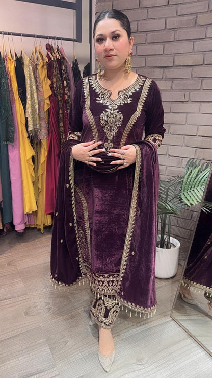 Shabad Wine Designer velvet Suit