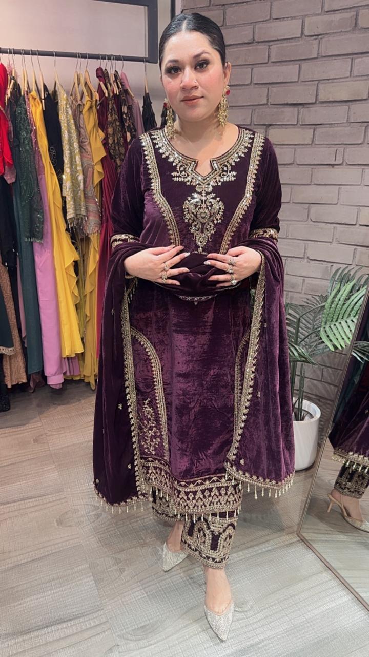 Shabad Wine Designer velvet Suit