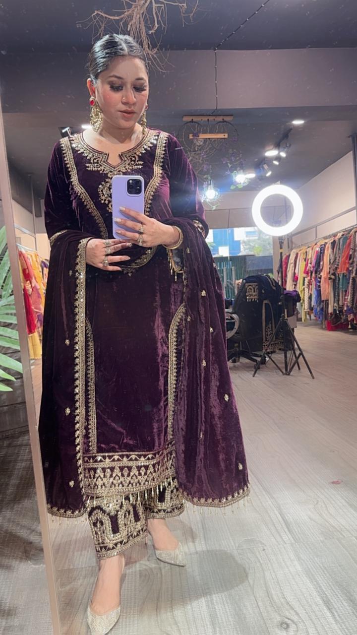 Shabad Wine Designer velvet Suit