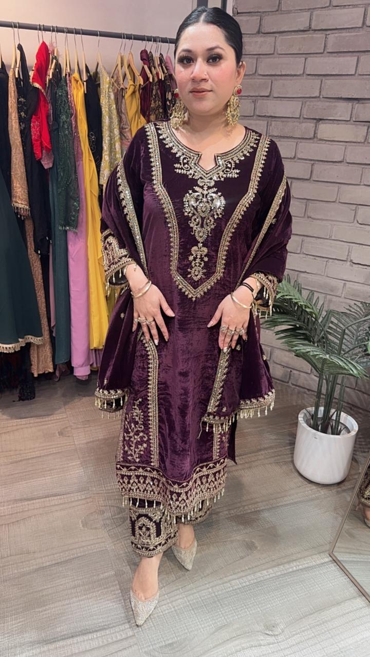 Shabad Wine Designer velvet Suit