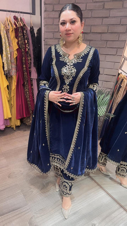 Shabad Navy Blue Designer velvet Suit