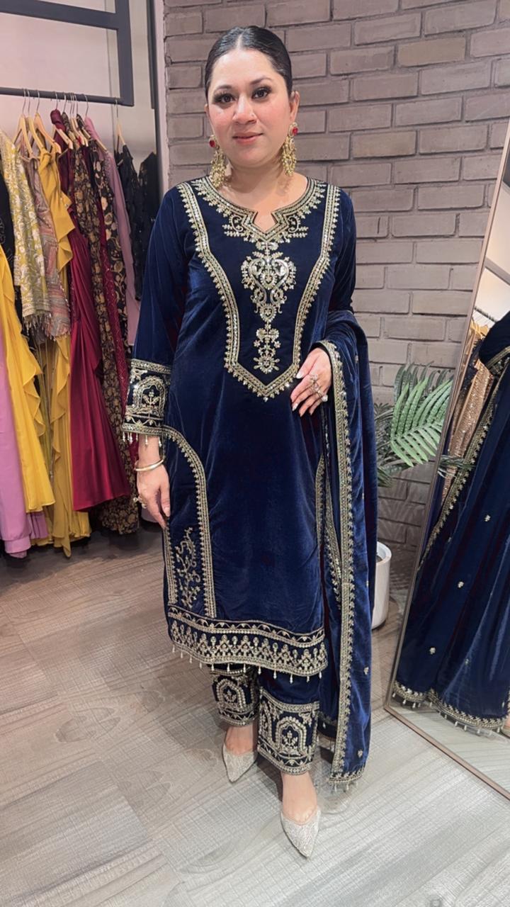 Shabad Navy Blue Designer velvet Suit