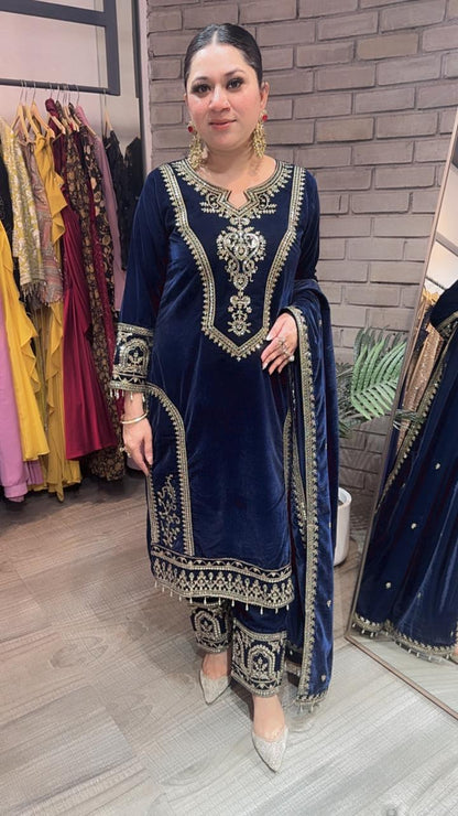 Shabad Navy Blue Designer velvet Suit