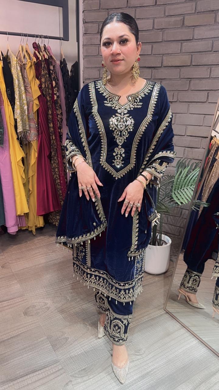 Shabad Navy Blue Designer velvet Suit