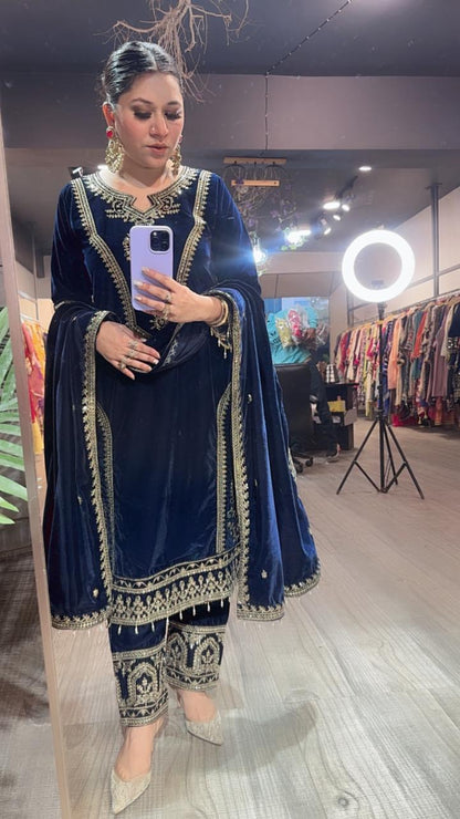 Shabad Navy Blue Designer velvet Suit