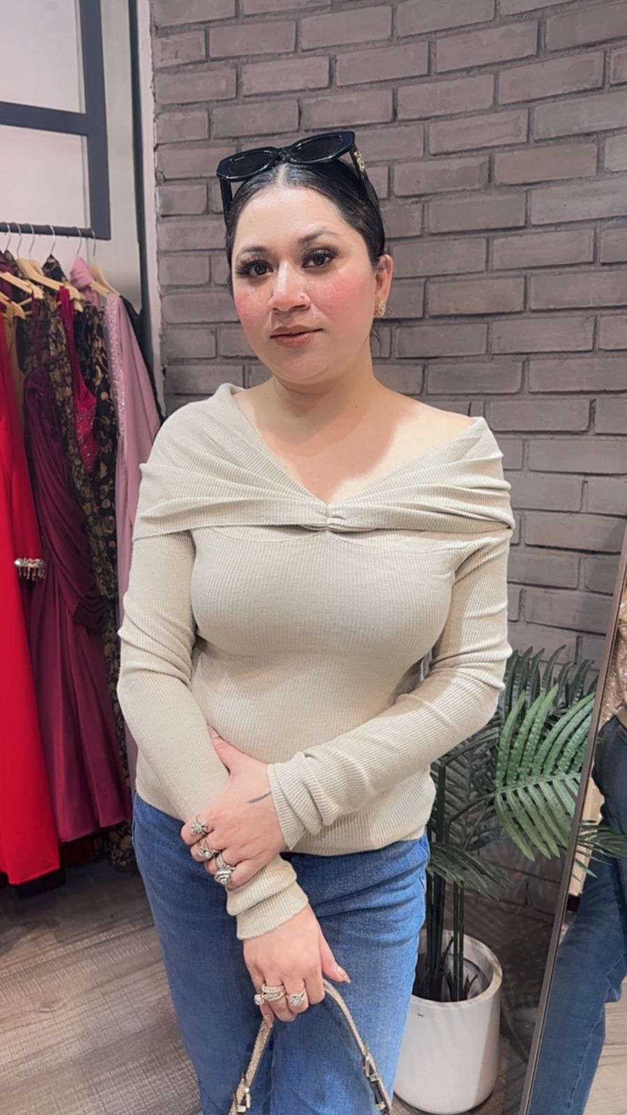 Oreo Beige off shoulder Woolen Top