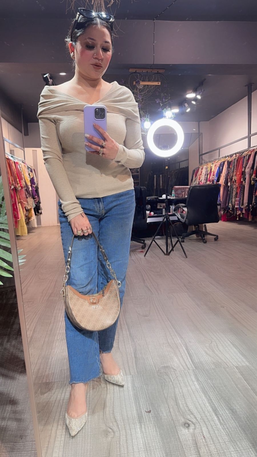 Oreo Beige off shoulder Woolen Top