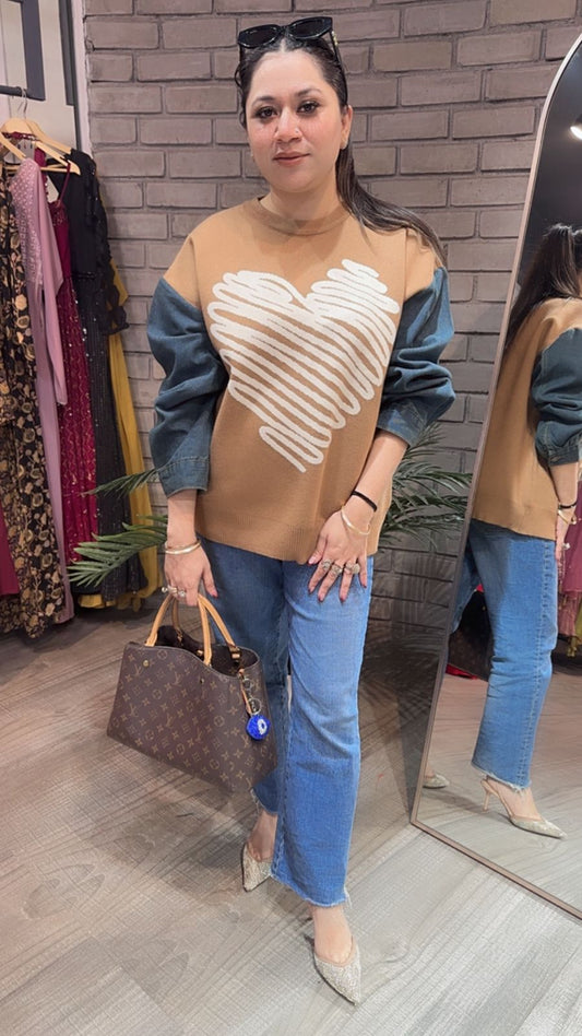 Hugo Beige Heart Denim Woolen Sweater