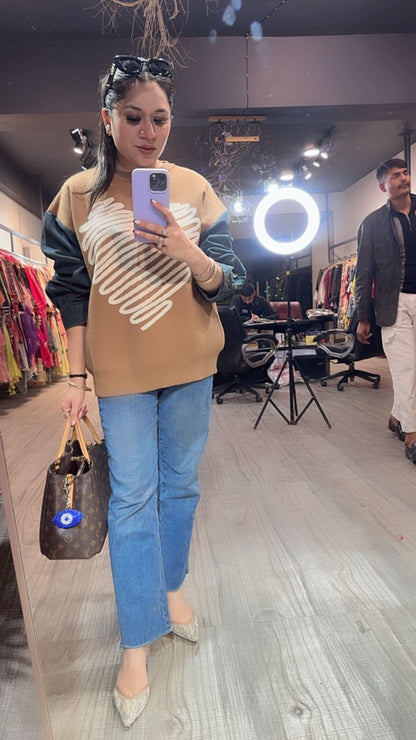 Hugo Beige Heart Denim Woolen Sweater
