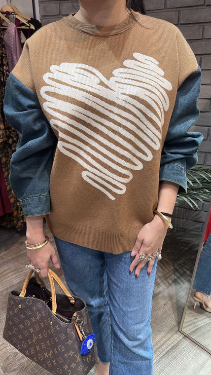 Hugo Beige Heart Denim Woolen Sweater