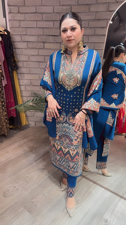 Garam Masala Teal Blue Woolen Designer suit