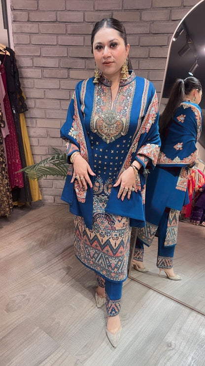 Garam Masala Teal Blue Woolen Designer suit