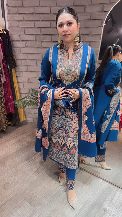 Garam Masala Teal Blue Woolen Designer suit