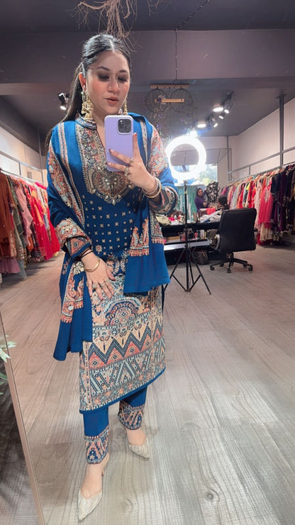 Garam Masala Teal Blue Woolen Designer suit