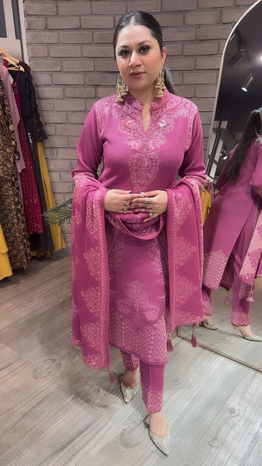 Garlic onion Pink Woolen Designer suit