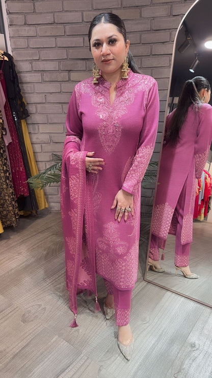 Garlic onion Pink Woolen Designer suit