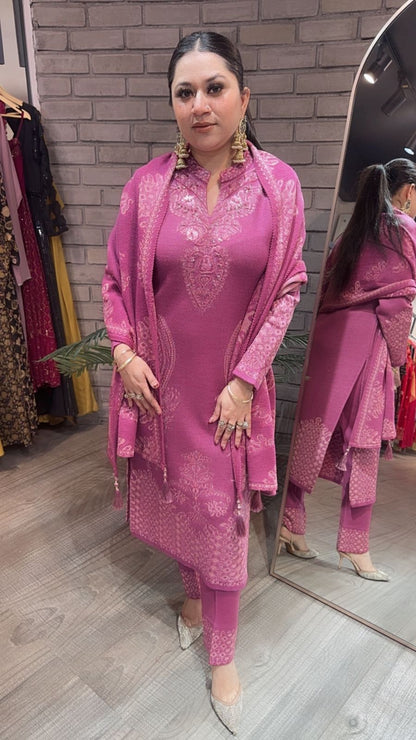Garlic onion Pink Woolen Designer suit