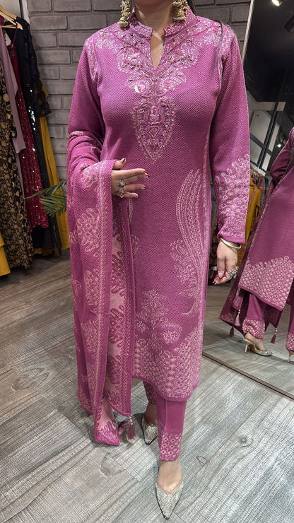 Garlic onion Pink Woolen Designer suit