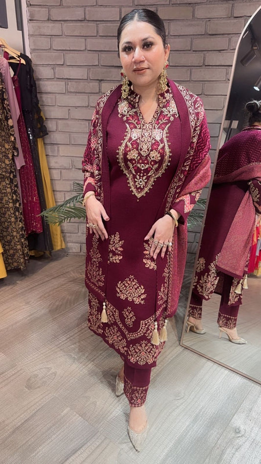 Rajma Mahroon Woolen Designer suit