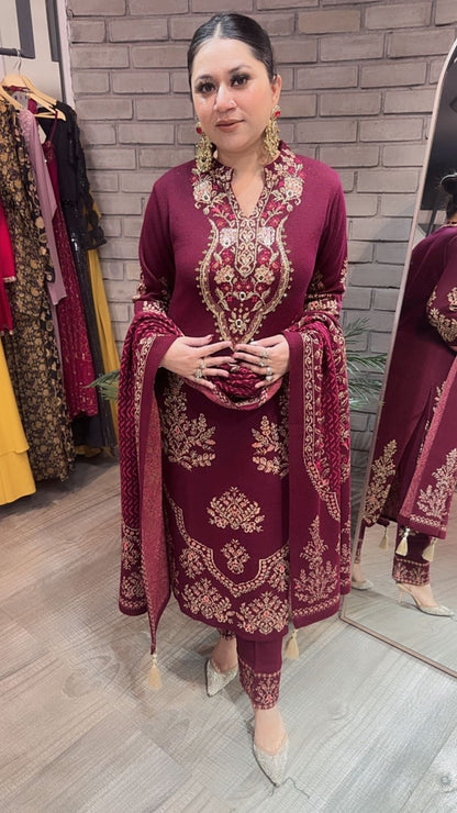 Rajma Mahroon Woolen Designer suit