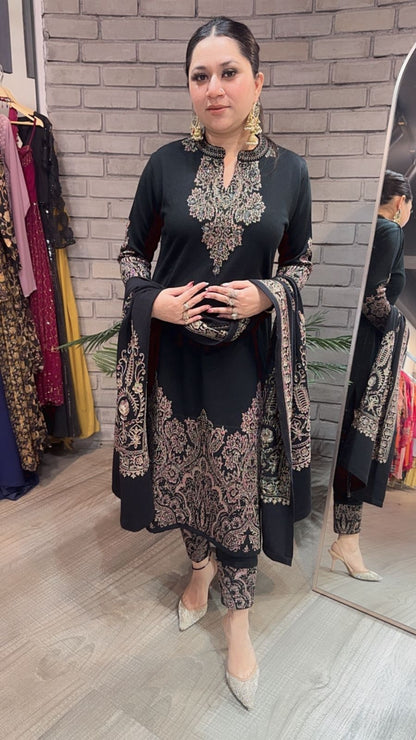 Chilli Black Woolen Designer suit