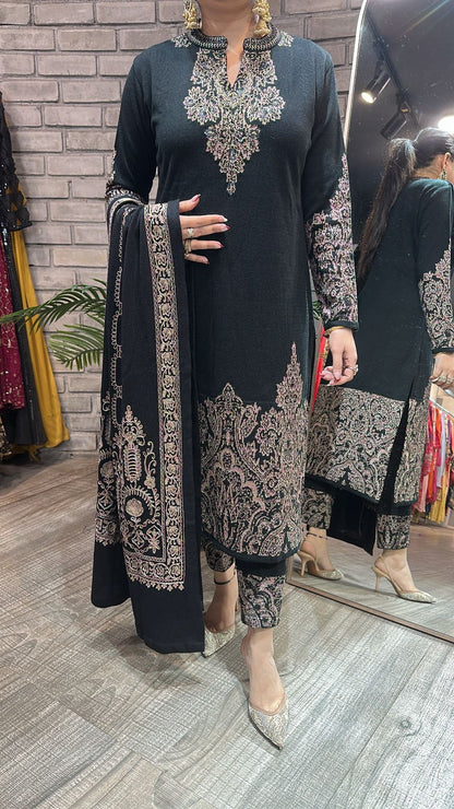 Chilli Black Woolen Designer suit