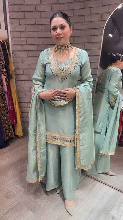 Rabha Aqua Blue Mirror Designer suit