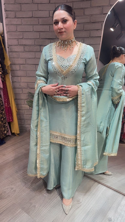 Rabha Aqua Blue Mirror Designer suit