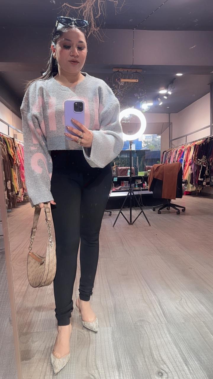Cheese Grey Pink crop Sweater