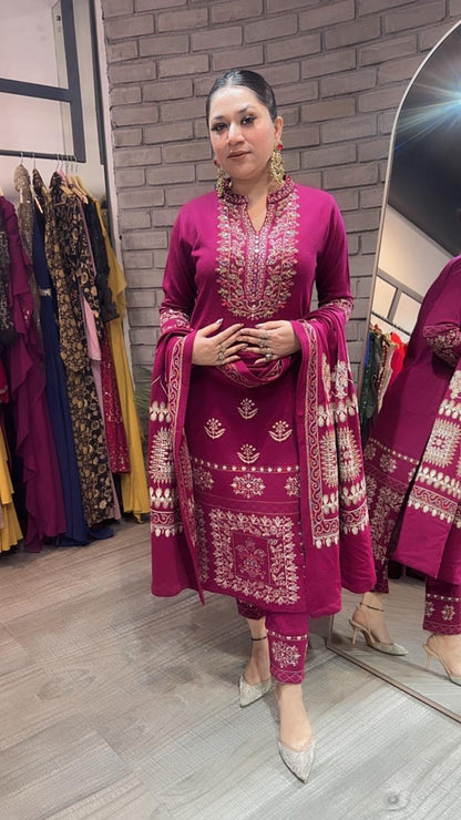 Khanak Magenta Woolen Designer suit