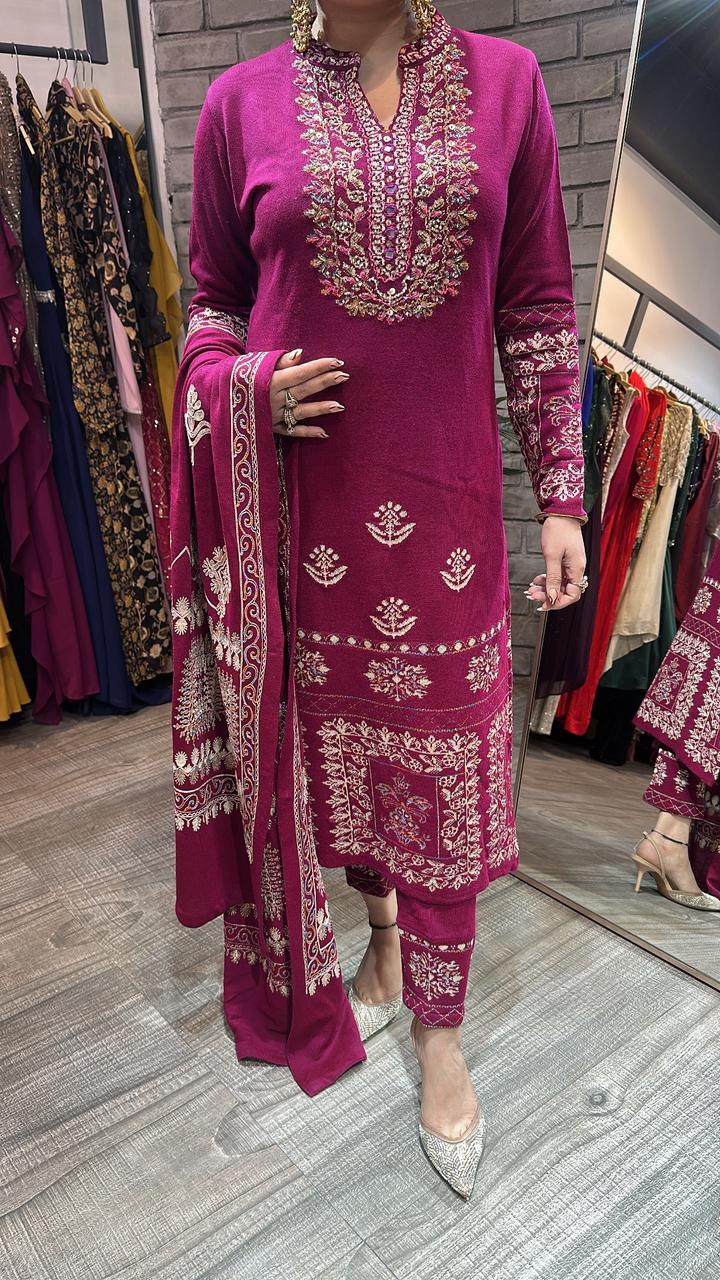 Khanak Magenta Woolen Designer suit