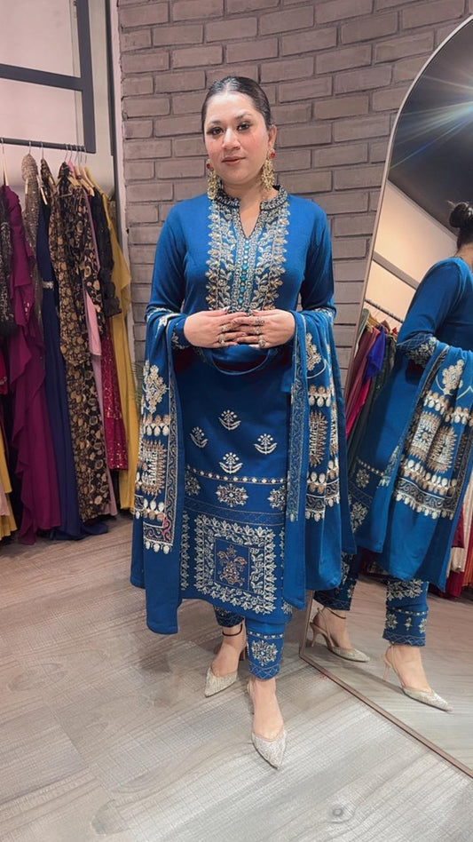 Khanak Teal Blue Woolen Designer suit