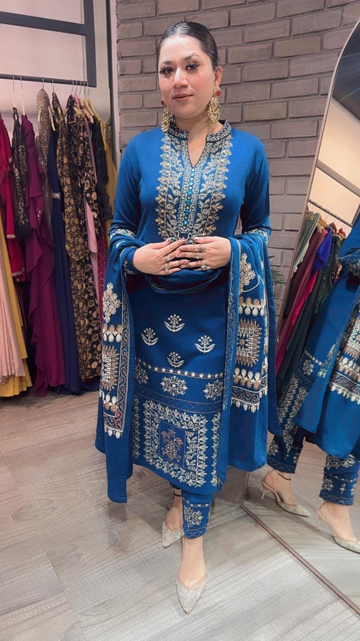 Khanak Teal Blue Woolen Designer suit