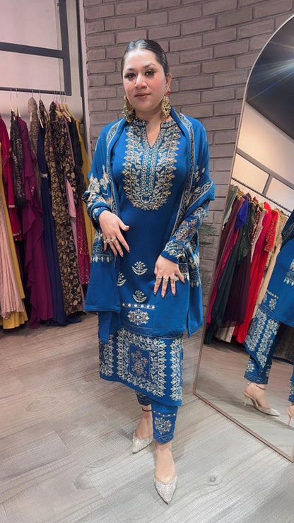 Khanak Teal Blue Woolen Designer suit