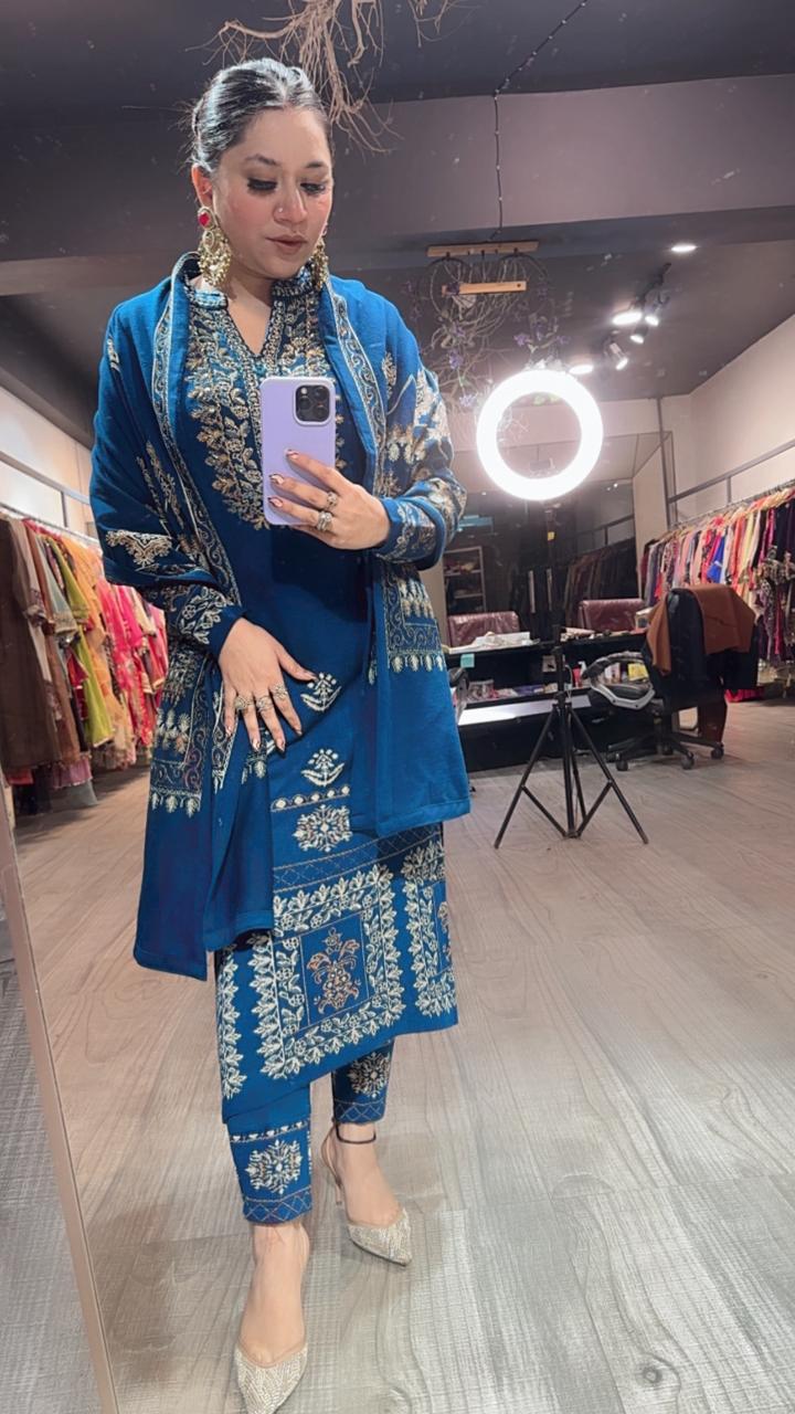 Khanak Teal Blue Woolen Designer suit