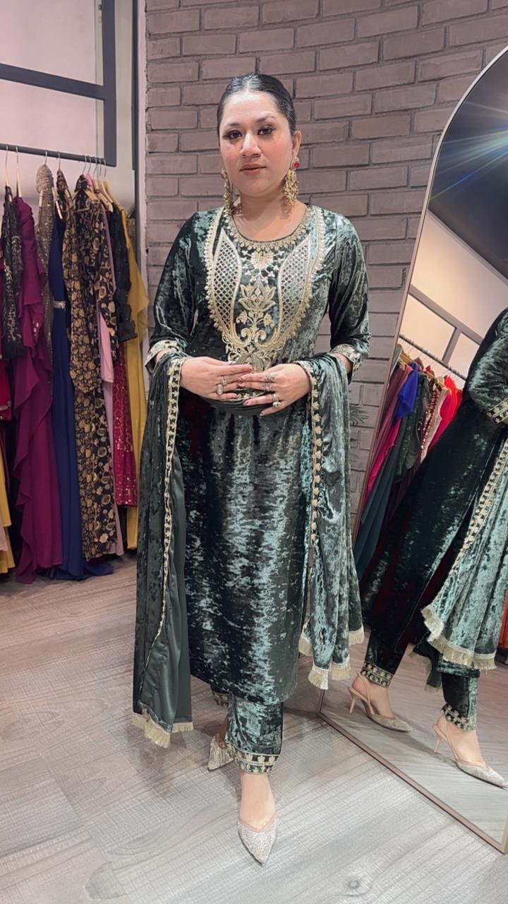 Amritsar olive Green Woolen Designer suit