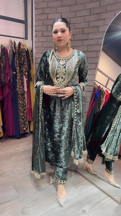 Amritsar olive Green Woolen Designer suit