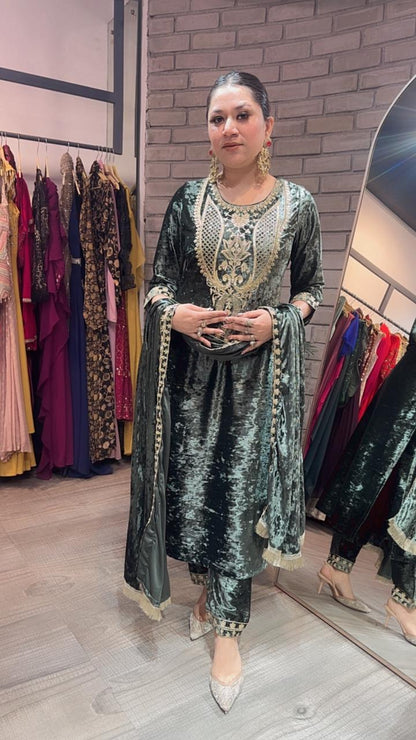 Amritsar olive Green Woolen Designer suit