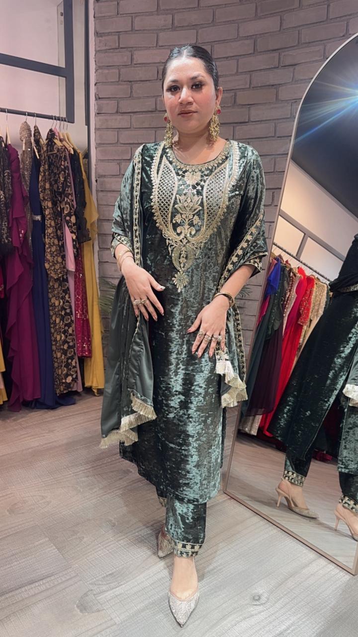 Amritsar olive Green Woolen Designer suit