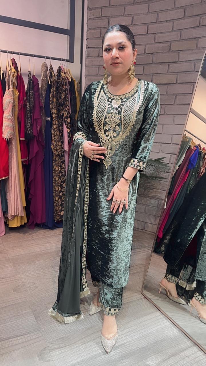 Amritsar olive Green Woolen Designer suit