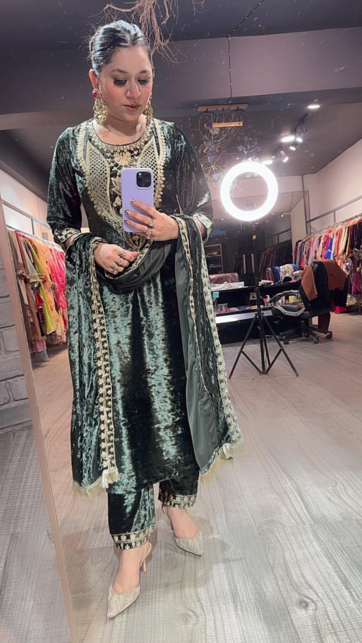 Amritsar olive Green Woolen Designer suit