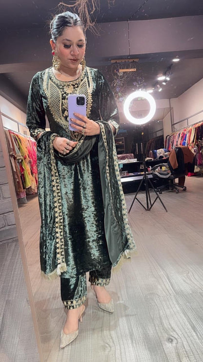 Amritsar olive Green Woolen Designer suit