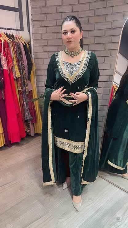 Saudi Bottel Green velvet Mirror work suit